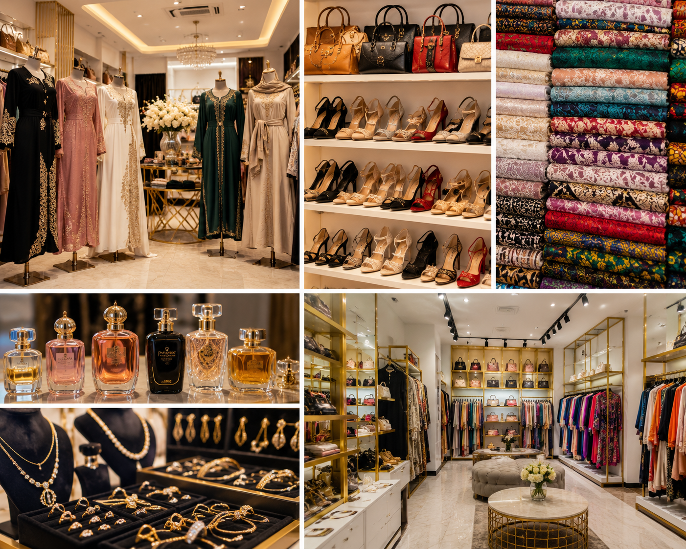 Collage of Pinklady boutique collections including abayas, shoes, fabrics and jewelry