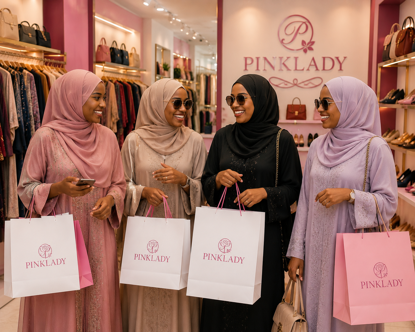 Group of smiling women holding Pinklady shopping bags