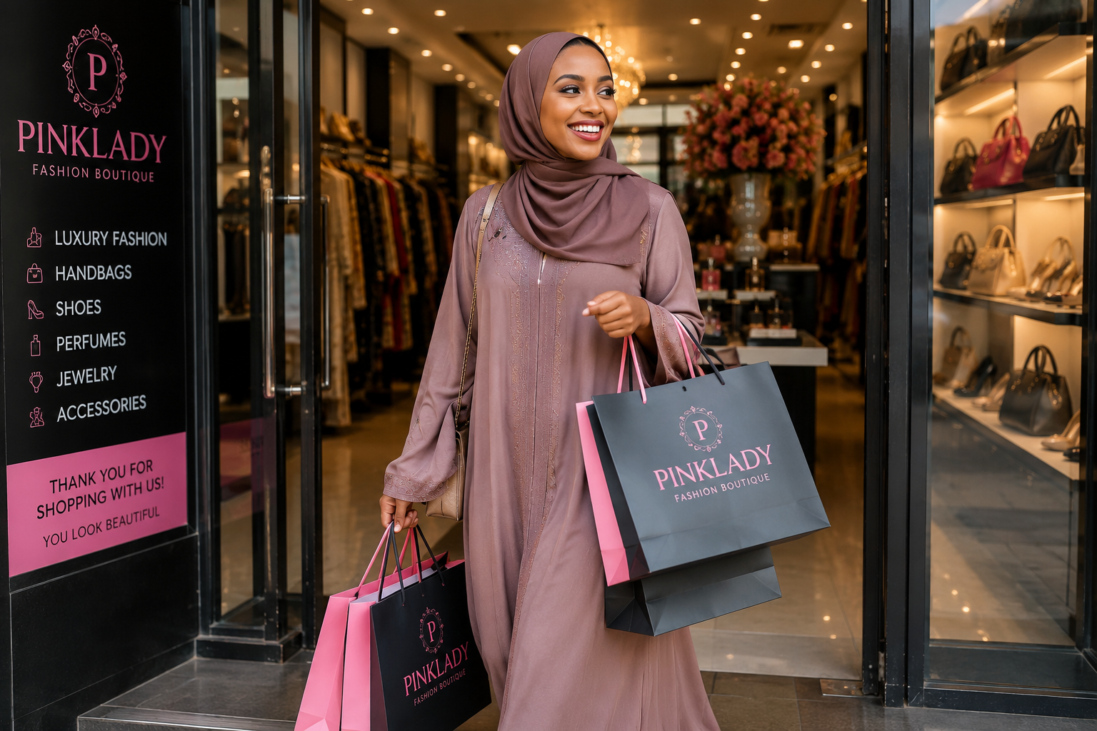 Happy customer leaving Pinklady Enterprise boutique with shopping bags