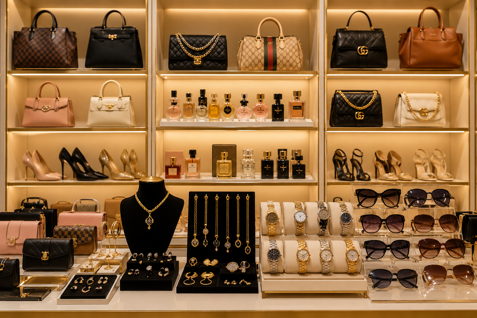 Gold jewelry, watches and sunglasses in a luxury display case