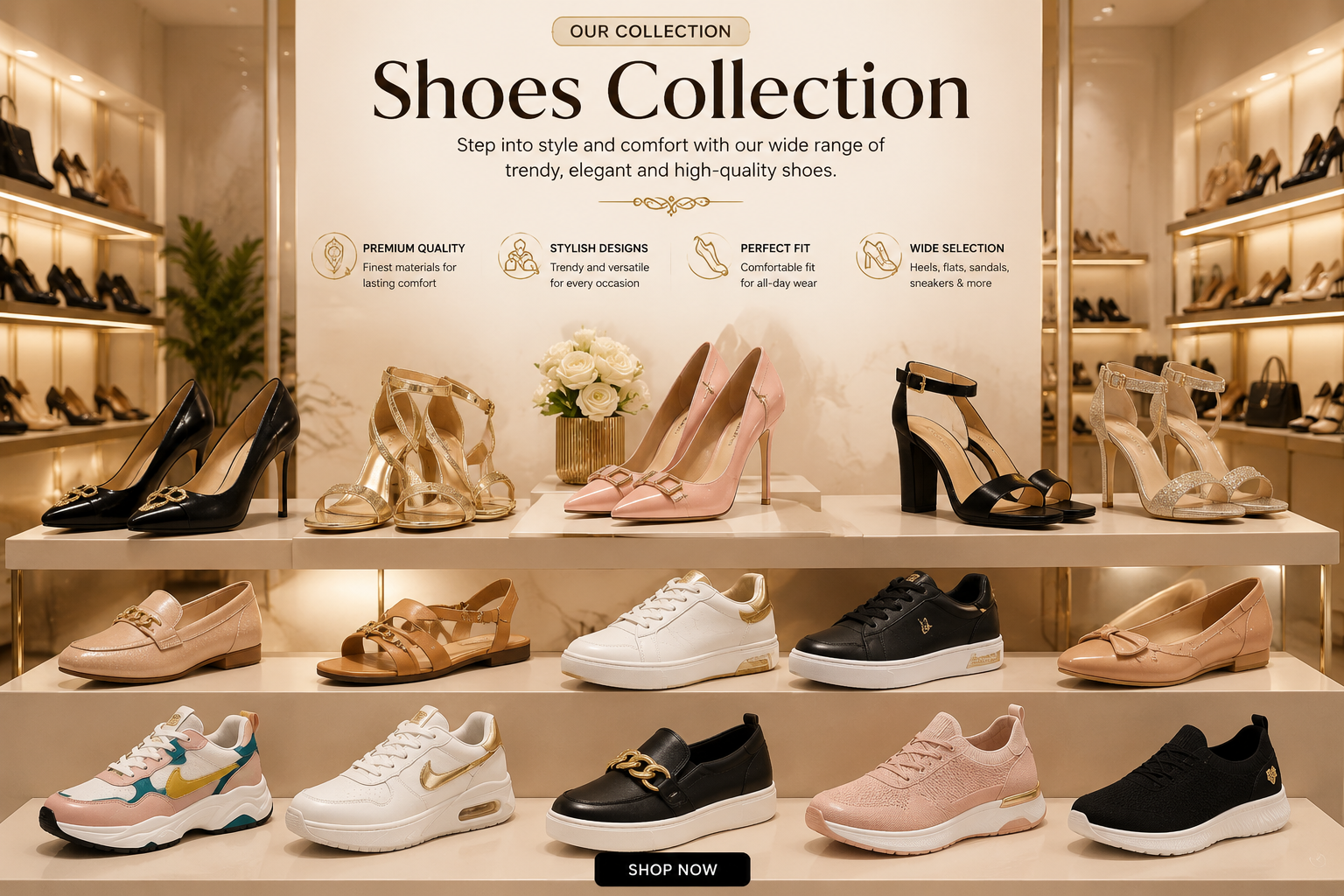 Luxury shoe collection displayed on boutique shelving