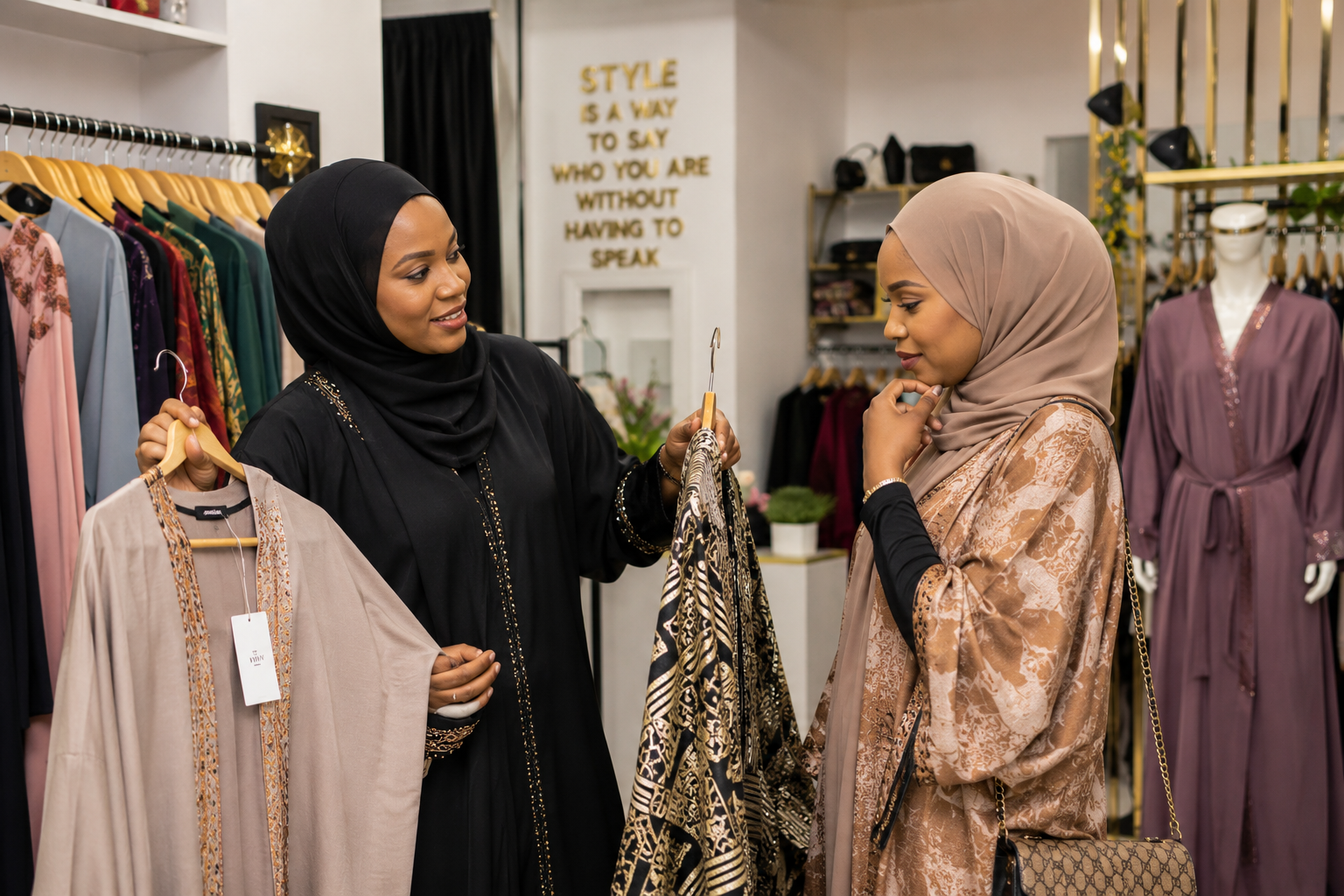 Staff member assisting a customer with abaya selection