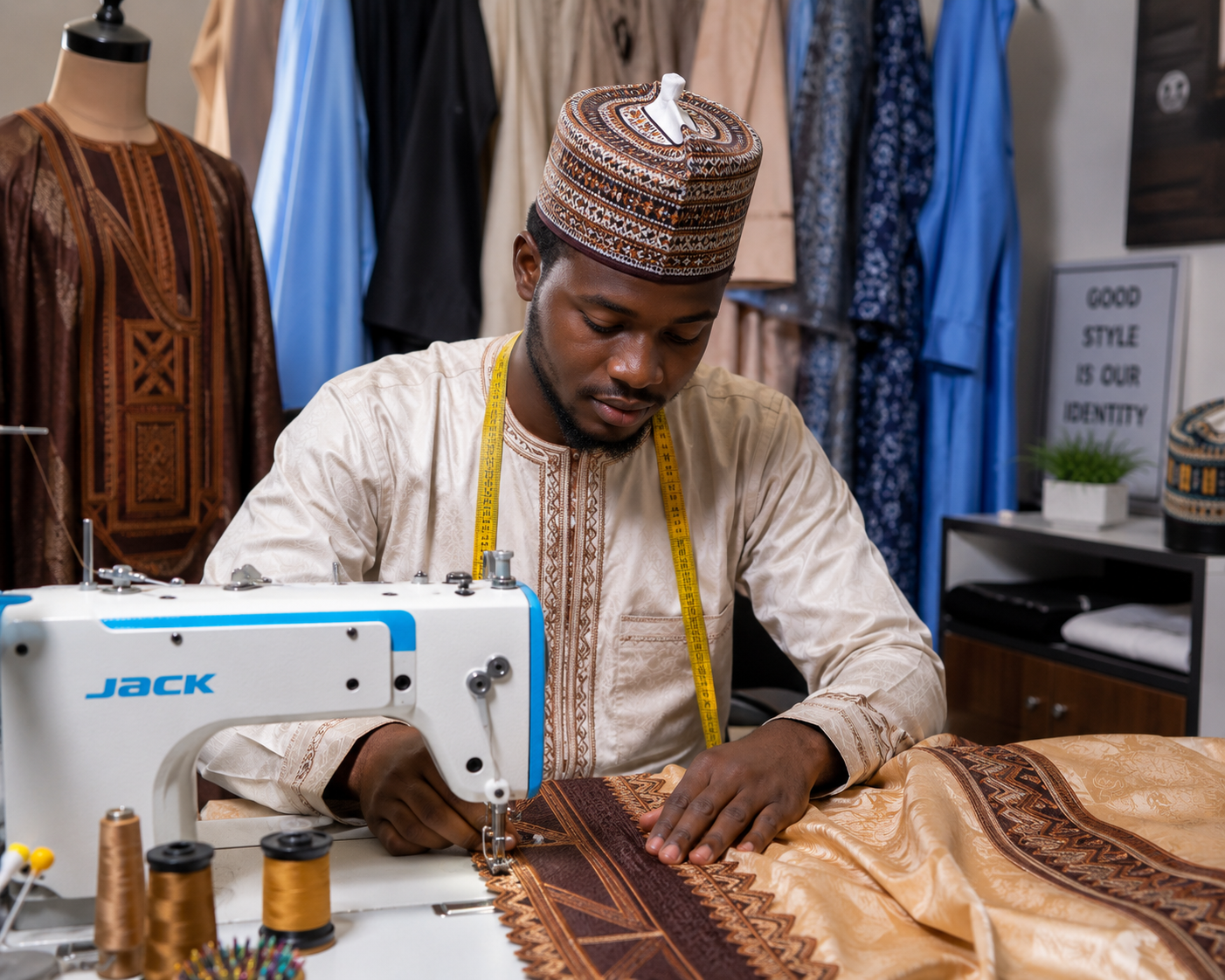 Tailor at work on embroidered fabric